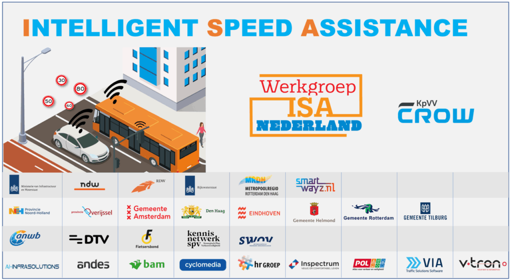Afbeelding met een overzicht van de door KpVV-CROW opgezette Werkgroep ISA. Deelnemers zijn: Ministerie van IenW, NDW, RDW, Rijkswaterstaat, MRDH, SmartWayz, Provincie Noord-Holland, Provincie Overijssel, Gemeente Amsterdam, Gemeente Den Haag, Gemeente Eindhoven, Gemeente Helmond, Gemeente Rotterdam, Gemeente Tilburg, ANWB, DTV, Fietsersbond, Aanpak SPV, SWOV, AI-Infrasolutions, Andes, Bam, Cyclomedia, HR groep, Inspectrum, POL, VIA en V-tron