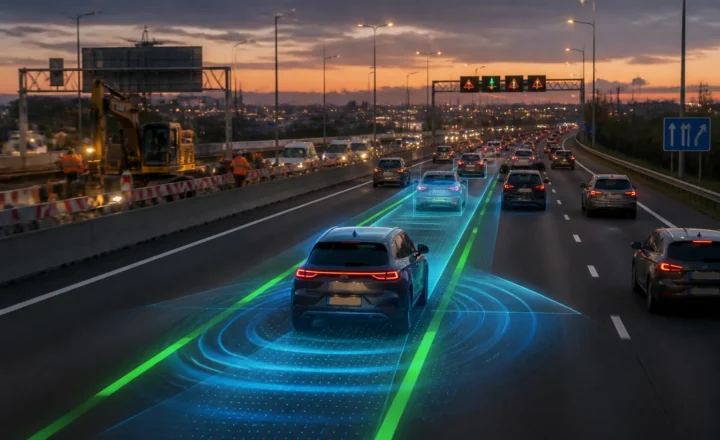 auto met adas-lichtlijnen op drukke nederlandse snelweg langs wegwerkzaamheden