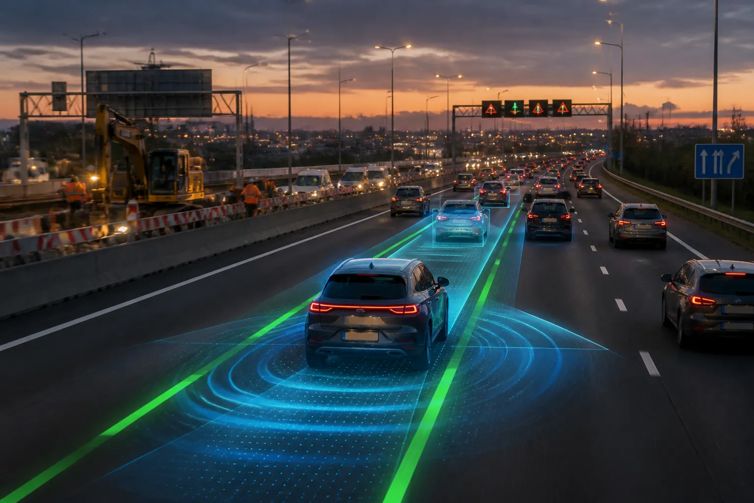 auto met adas-lichtlijnen op drukke nederlandse snelweg langs wegwerkzaamheden