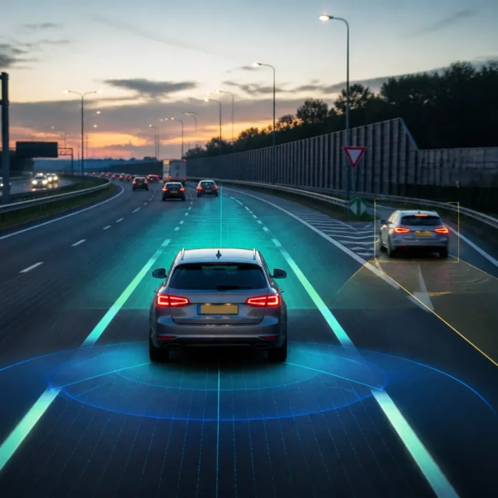 auto op Nederlandse snelweg in de schemering met subtiele lichtlijnen rond het voertuig en invoegend verkeer naast zich